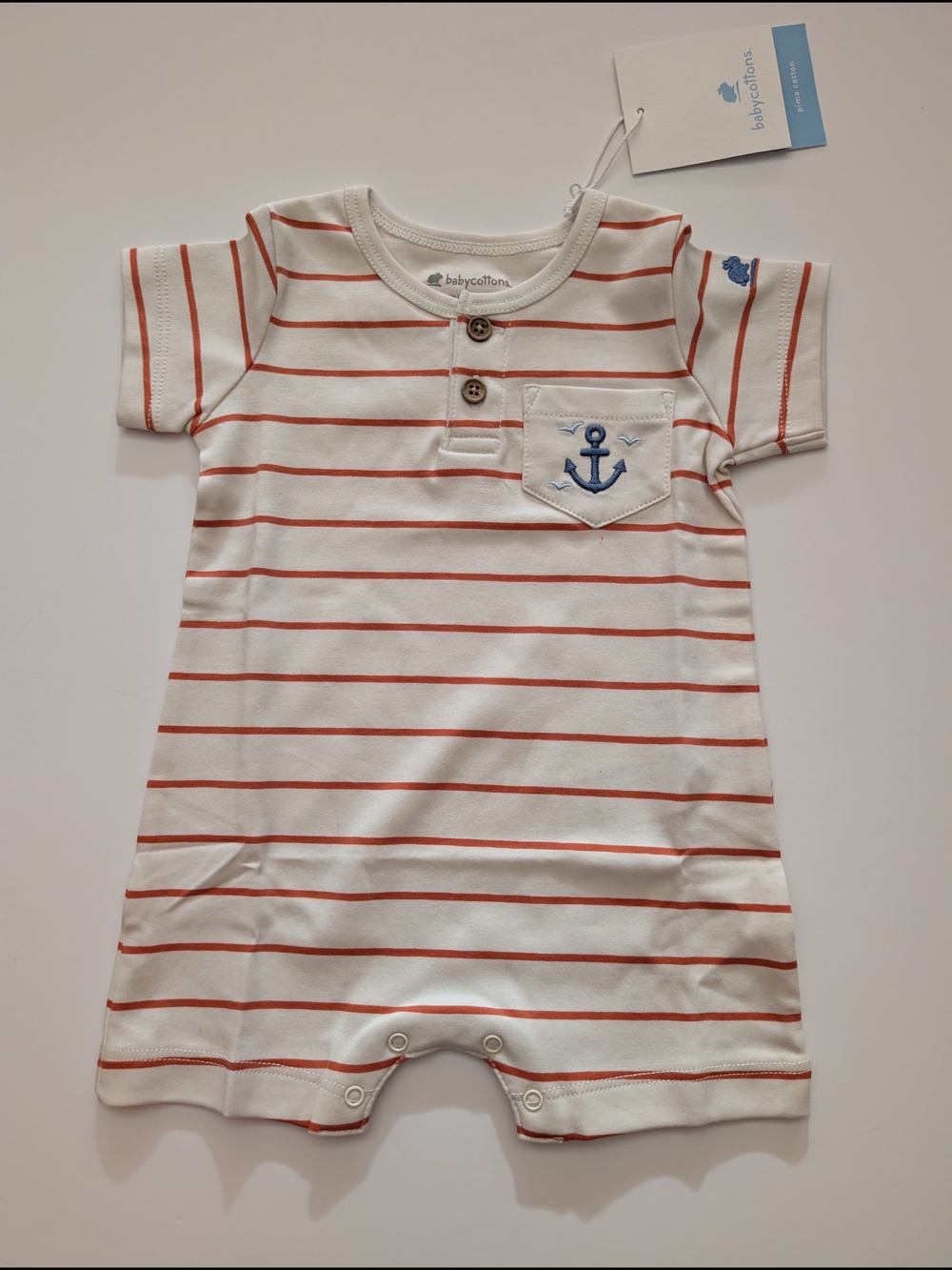 BabyCottons White & Red Stripe Baby Romper with Blue Anchor Pima Cotton NWT